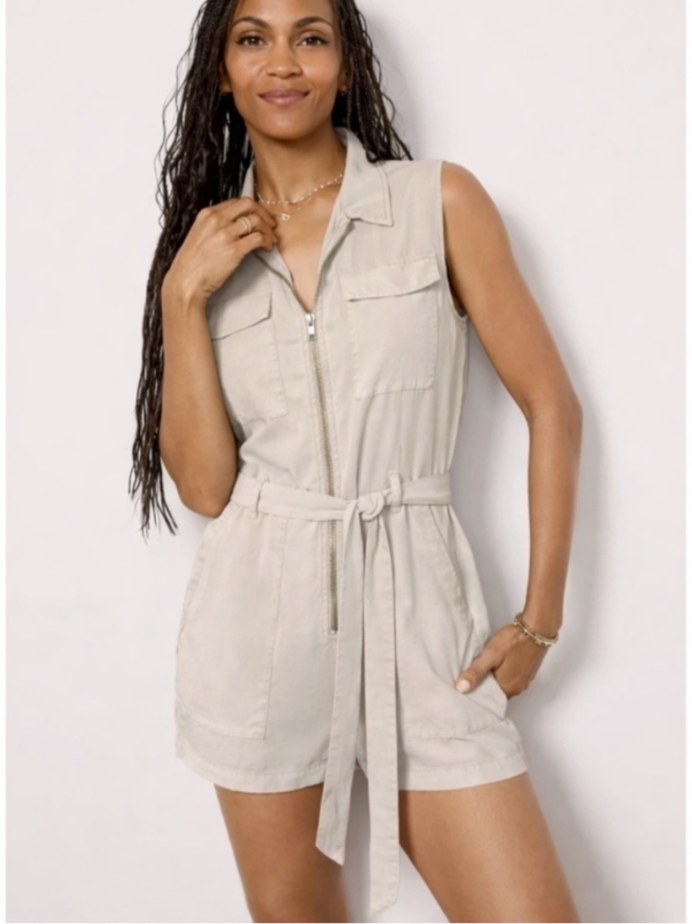 Evereve Cloth & Stone Zip Front Sleeveless Short Romper Linen Blend Khaki